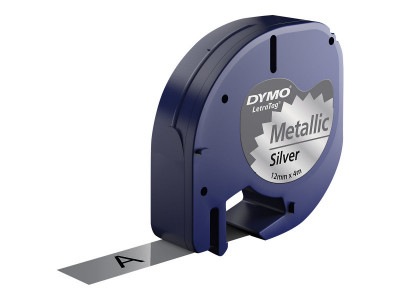 Dymo : LETRATAG METALLIC tape 12MMX4M BLACK/SILVER