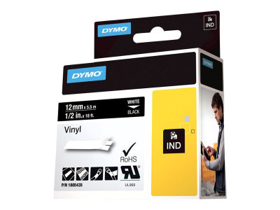 Dymo : RHINO 12 MM VINYL WHITE ON BLACK