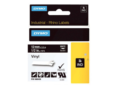 Dymo : RHINO 12 MM VINYL WHITE ON BLACK