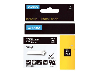 Dymo : RHINO 12 MM VINYL WHITE ON BLACK
