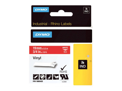 Dymo : RHINOPRO VINYL LABELS 19MM X 5.5M WHITE ON RED