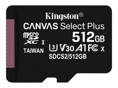 Kingston : 512GB MICROSDXC CANVAS SELECT 100R A1 C10 SINGLE pack W/O ADP