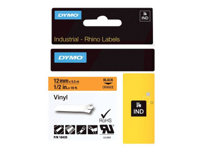Dymo : RHINO BAND IND VINYL 12MMX5.5M BLACK ON ORANGE