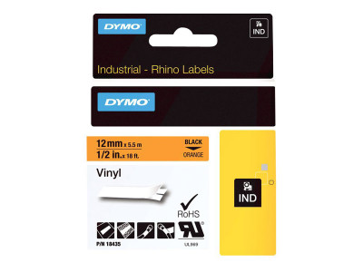 Dymo : RHINO BAND IND VINYL 12MMX5.5M BLACK ON ORANGE