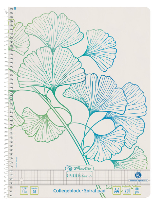 herlitz Cahier spiralé GREENline Ginkgo, A4, quadrillé