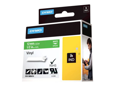 Dymo : RHINO 12 MM VINYL WHITE ON GREEN