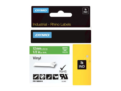 Dymo : RHINO 12 MM VINYL WHITE ON GREEN