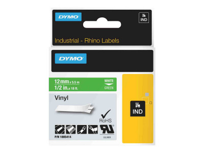 Dymo : RHINO 12 MM VINYL WHITE ON GREEN