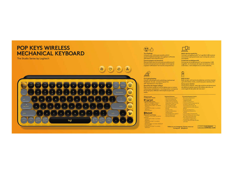 Clavier Logitech Mecanique Sans Fil POP Keys yellow avec Touches Emoji  Personnalisables, Bluetooth - 920-010722