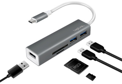 LogiLink Lecteur de cartes + hub USB-C 3.0, 3 ports, gris