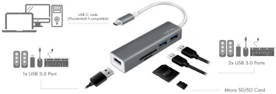 LogiLink Lecteur de cartes + hub USB-C 3.0, 3 ports, gris