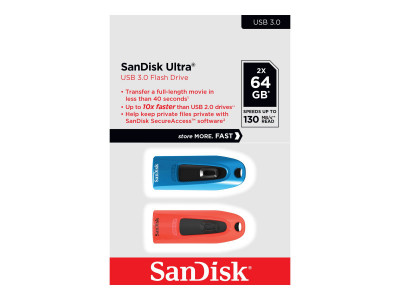 Western Digital : ULTRA 64GB USB 3.0 FLASH drive 130MB/S READ TWIN pack (BLUE et