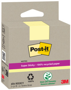 Post-it Super Sticky Recycling Notes, 76 x 76 mm, jaune