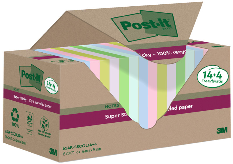 Post-it Super Sticky Recycling Notes, 76 x 76 mm, coloré