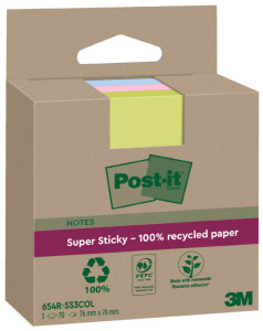 Post-it Super Sticky Recycling Notes, 47,6 x 47,6 mm, coloré
