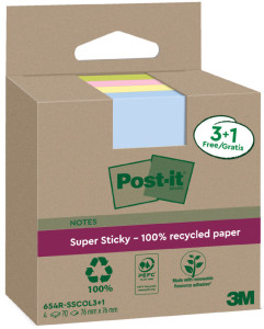 Post-it Super Sticky Recycling Notes, 47,6 x 47,6 mm, coloré
