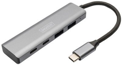 DIGITUS Hub USB-C, 4 ports, 2x USB A + 2x USB-C, gris foncé