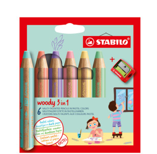 STABILO Crayon multi-talents woody 3 en 1, étui de 6 Pastel