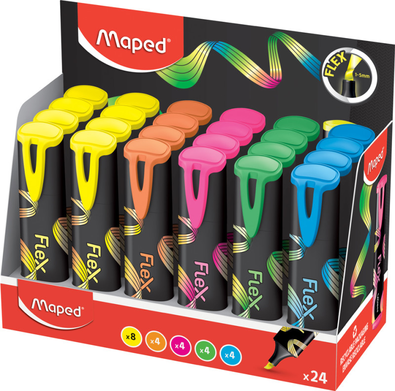 Maped Surligneur FLEX, pointe flexible, présentoir de 24