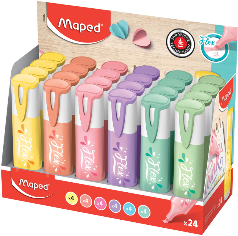 Maped Surligneur FLEX PASTEL, pointe souple, présentoir, 24