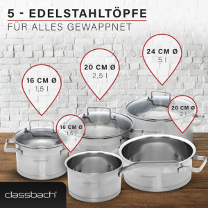 classbach Set de casseroles C-KTS 4016, 7 pièces, acier inox