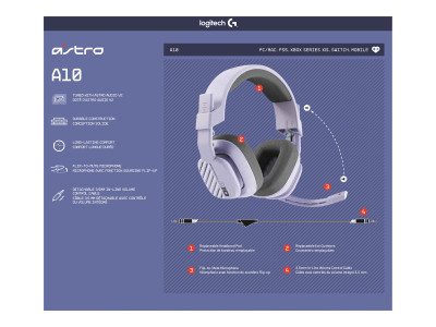 Logitech : ASTRO A10 WIRED HEADSET OVER-EAR/3.5MM - ASTEROID / LILA
