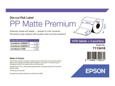 Epson : PP MATTE LABEL PREM DIE-CUT ROLL 102X76MM 1570 LABELS
