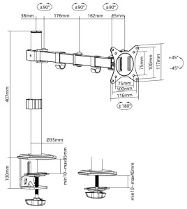 Bras d'écran LogiLink, longueur : 376 mm, noir
