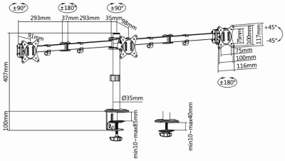 Bras triple d'écran LogiLink, longueur : 658 mm, noir