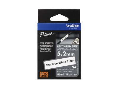Brother HSe-211E Ruban thermorétractable Noir sur blanc 5,2 mm x 1,5 m