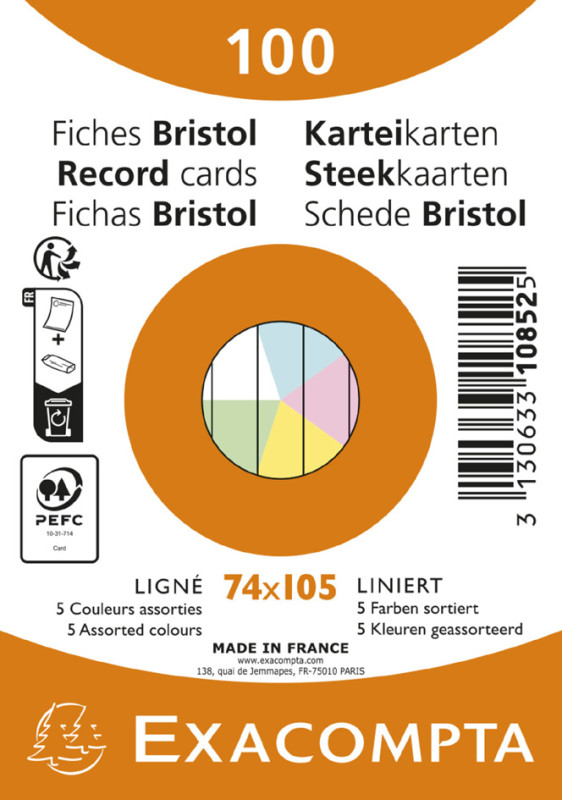 EXACOMPTA Fiches bristol, A7, ligné, assorti