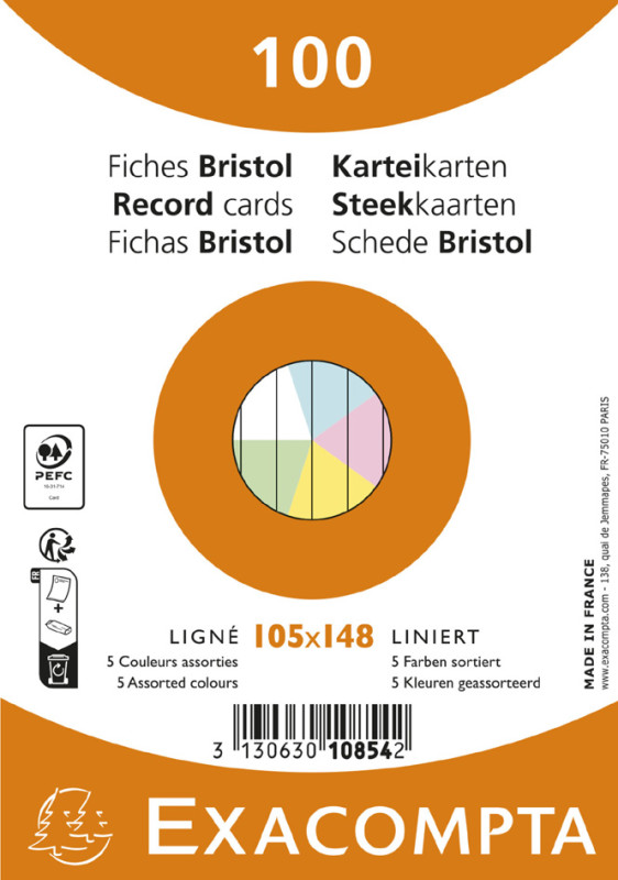 EXACOMPTA Fiches bristol, A6, uni, assorti