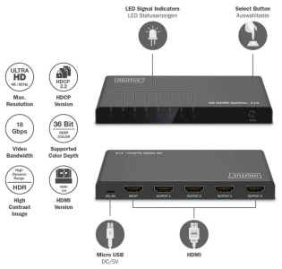 DIGITUS Répartiteur HDMI 4K, 1x4, 4K/60Hz HDCP 2.2, noir