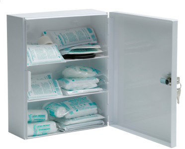 Armoire de premiers secours LEINA B, contenu conforme à la norme DIN 13157, blanche