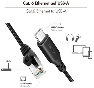 LogiLink USB 3.2 Ethernet-Kabel, USB-C - RJ45 Stecker, 1,5 m