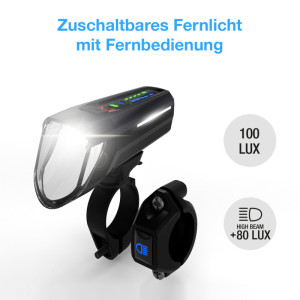 FISCHER Fahrrad-LED-Frontleuchte mit Fernlicht, 100 Lux