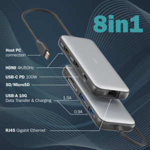DIGITUS Station d'accueil USB-C, 8 ports, gris/noir