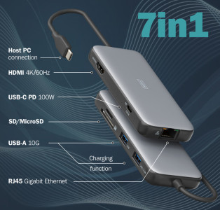DIGITUS Station d'accueil USB-C, 7 ports, gris/noir