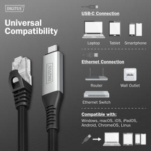DIGITUS Câble Ethernet USB 3.2, USB-C - RJ45 mâle, 5 m