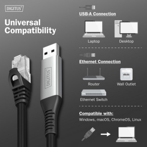 DIGITUS Câble Ethernet USB 3.2, USB-A - RJ45 mâle, 15 m