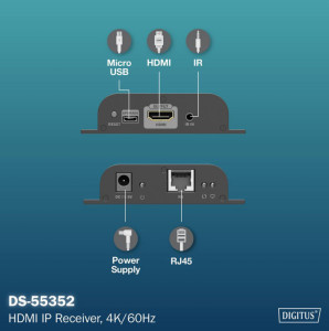DIGITUS 4K HDMI IP Receiver, 4K/60Hz, 120 / 200 m