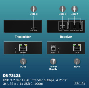 Extendeur USB 3.2 Gen1 DIGITUS, 5 Gbit/s, 4 ports, noir