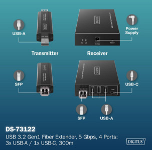 DIGITUS USB 3.2 Gen1 Extender, 4 Ports, Fiber, 20 km