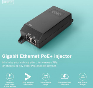 DIGITUS Gigabit Ethernet PoE+ Injektor, 802.3at, 30 W
