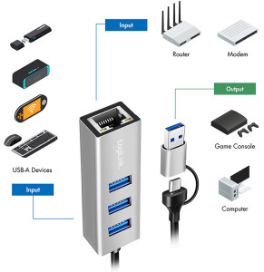 LogiLink USB 3.2 - Gigabit Ethernet Adapter, 3-Port USB Hub