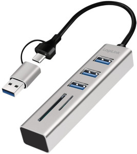 LogiLink USB 3.0 Hub mit Kartenleser, 3-Port, silber