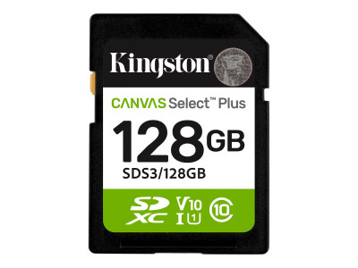 Kingston : 128GB SDXC CANVAS SELECT PLUS GEN3 150MB/S C10 UHS-I U1 V10