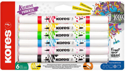 Kores Marqueur acrylique Duo, 2 pointes, set de 6, assorti