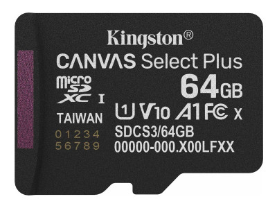 Kingston : 64GB MICROSDXC CANVAS SELECT+ GEN3 100R A1 SINGLE pack W/O ADP