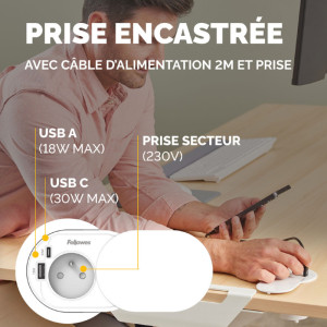 Fellowes Prise encastrée pour table Power Spot, type E, noir